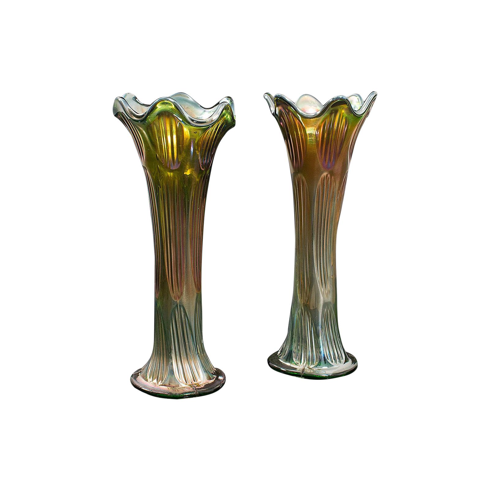 Pair of Vintage Decorative Flower Vases, English, Carnival Glass, circa 1930