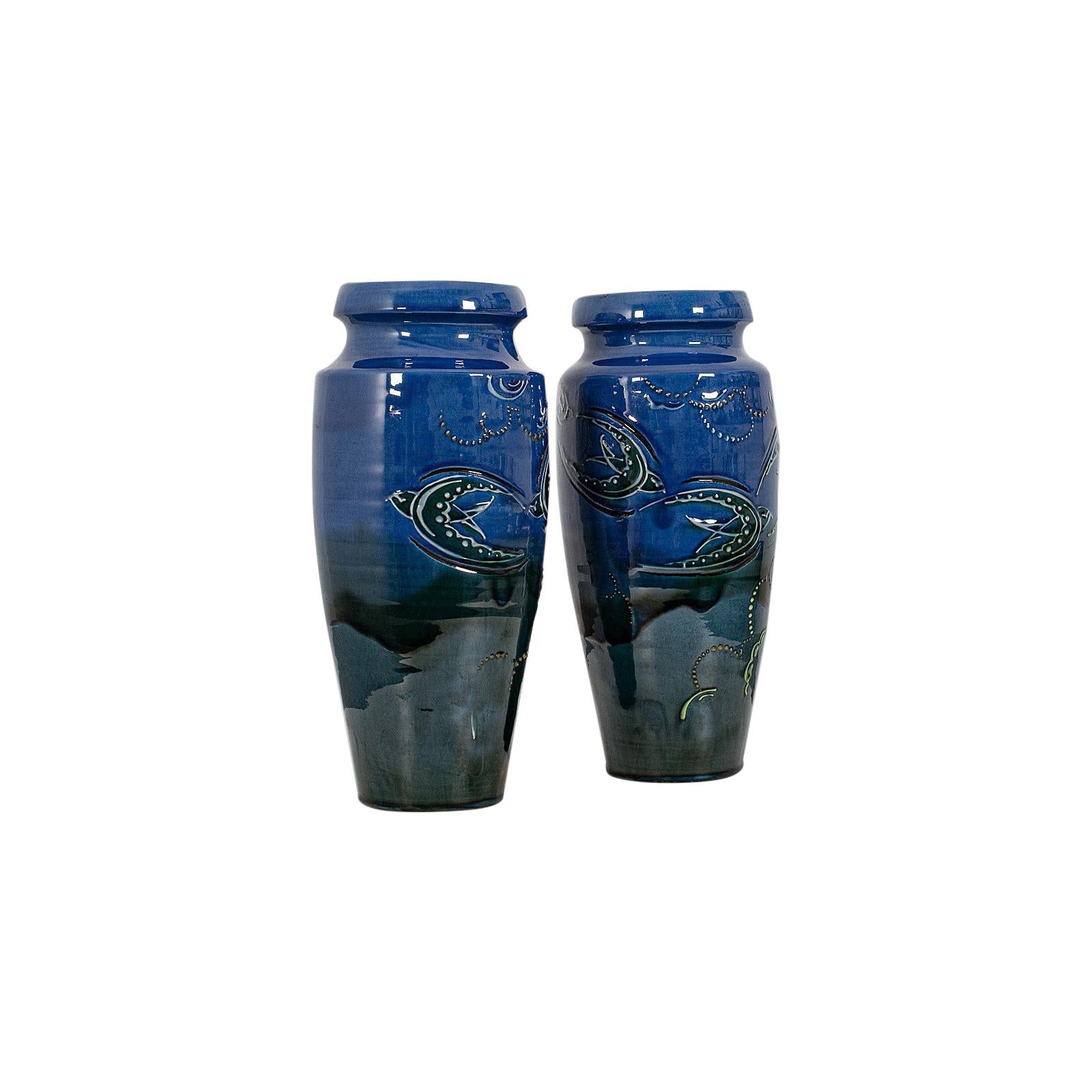 Pair of Vintage Decorative Flower Vases English Ceramic Hand Painted, circa 1930 For Sale