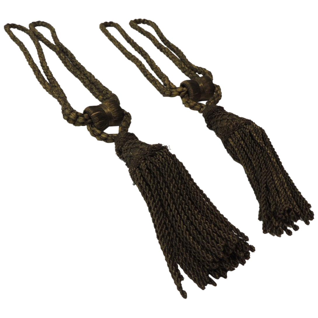 Set of 19th Century Green and Gold French Tassels with Rope Tie Back at