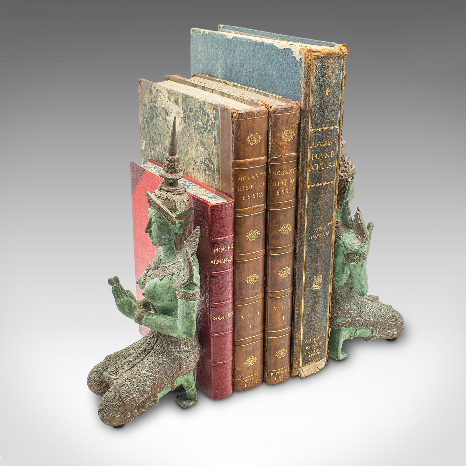 Pair Of Vintage Decorative Prayer Figures, Bronze Thai Deity, Bookends, Art Deco For Sale 6