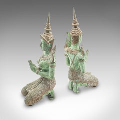 Pair Of Vintage Decorative Prayer Figures, Bronze Thai Deity, Bookends, Art Deco