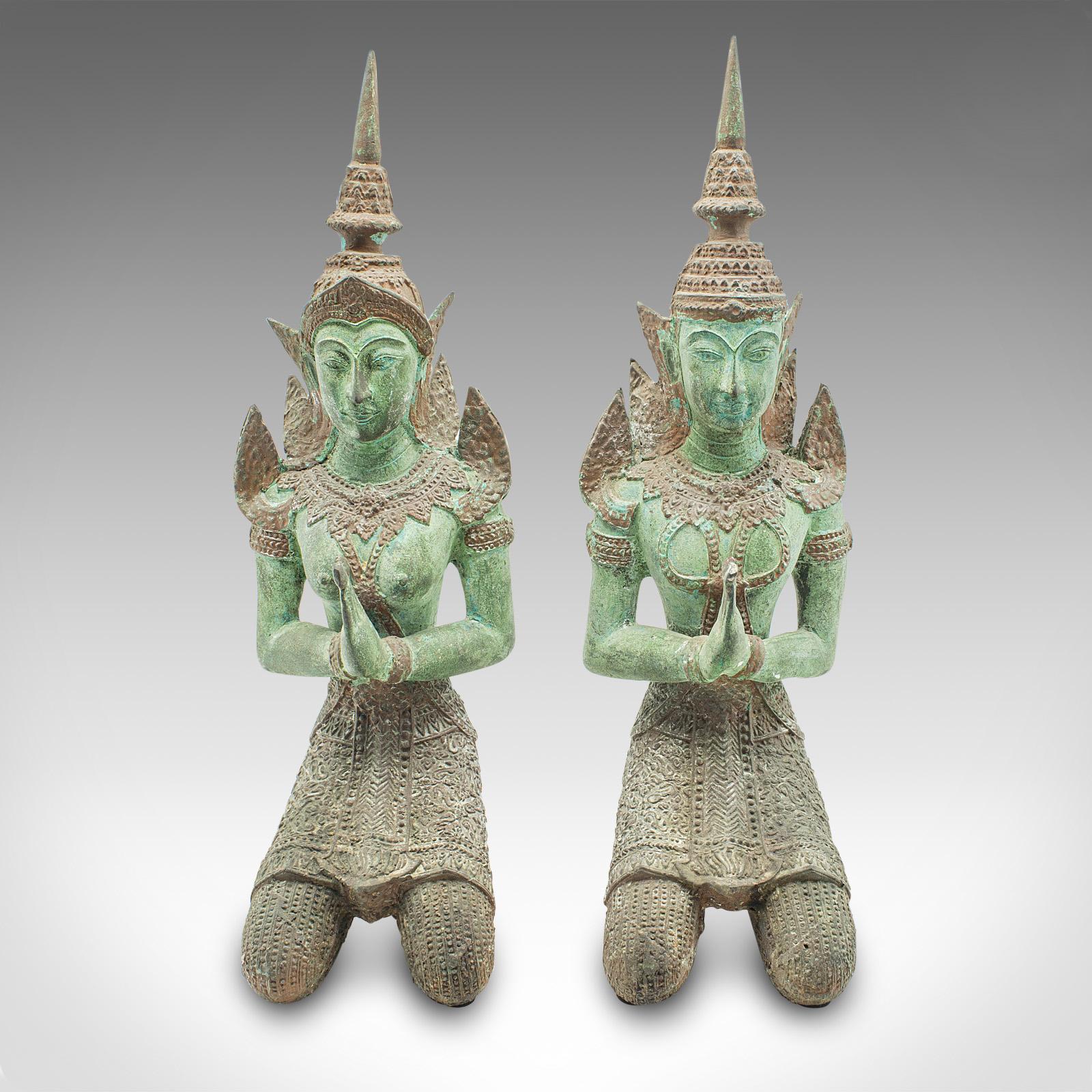 Mid-Century Modern Pair Of Vintage Decorative Prayer Figures, Bronze Thai Deity, Bookends, Art Deco For Sale