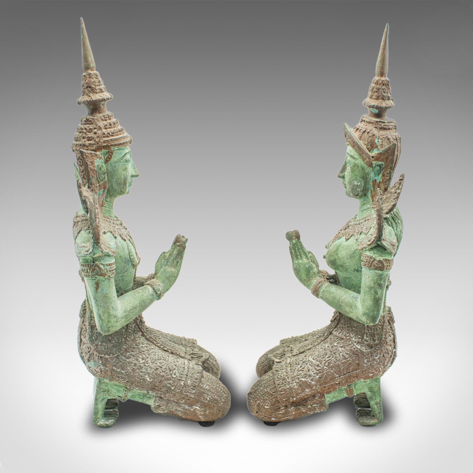 Mid-20th Century Pair Of Vintage Decorative Prayer Figures, Bronze Thai Deity, Bookends, Art Deco For Sale
