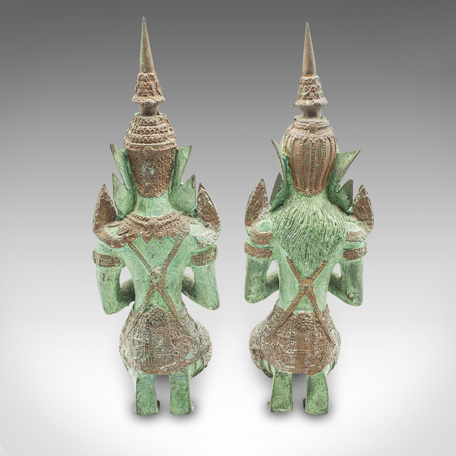 Iron Pair Of Vintage Decorative Prayer Figures, Bronze Thai Deity, Bookends, Art Deco For Sale