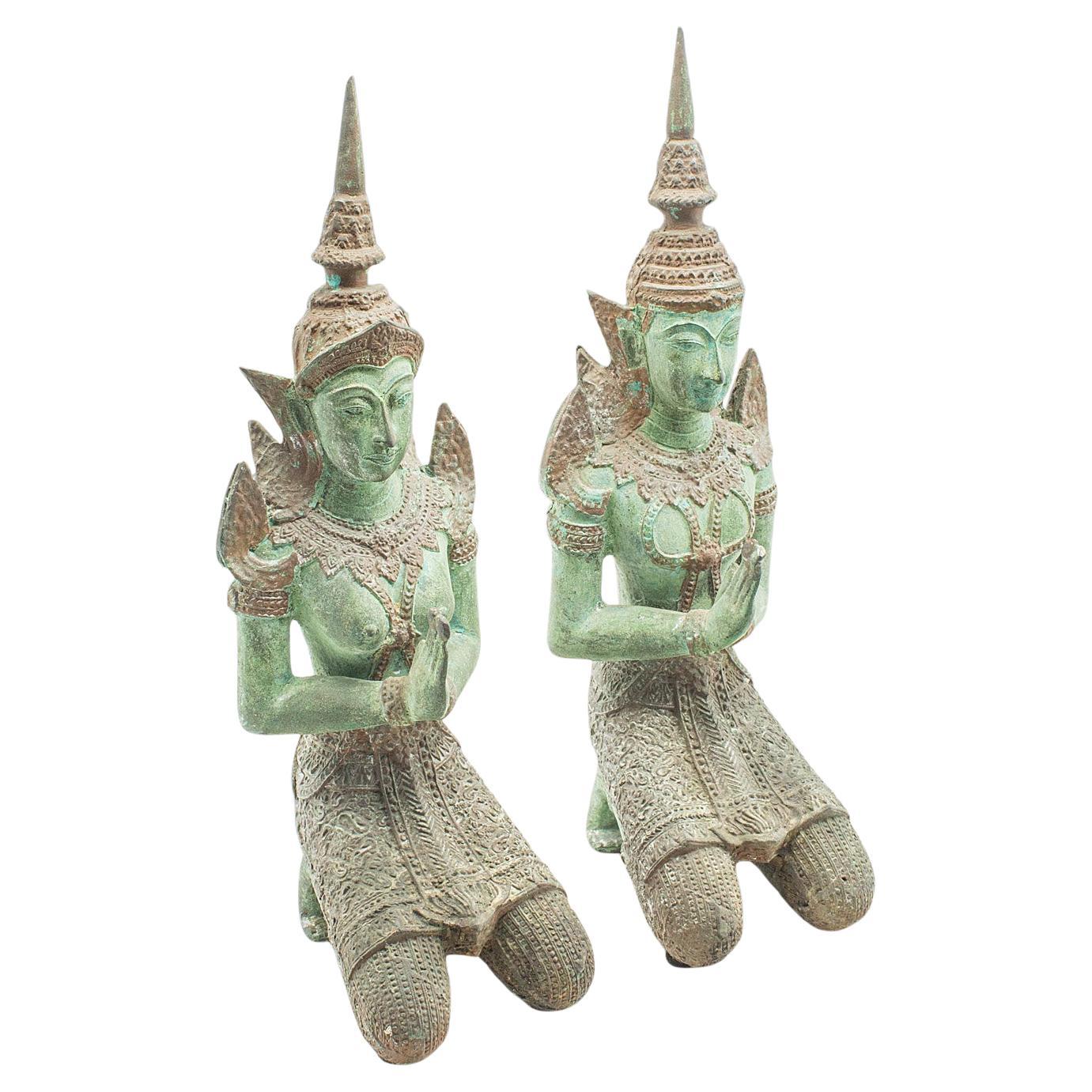 Pair Of Vintage Decorative Prayer Figures, Bronze Thai Deity, Bookends, Art Deco