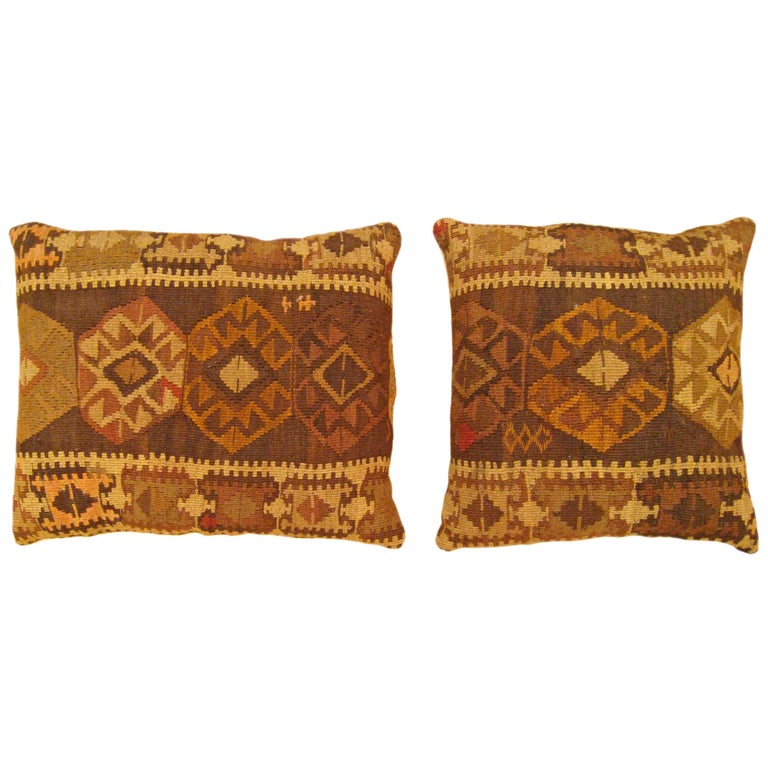 Pair of Vintage Decorative Turkish Kilim Oriental Rug Pillows at 1stDibs