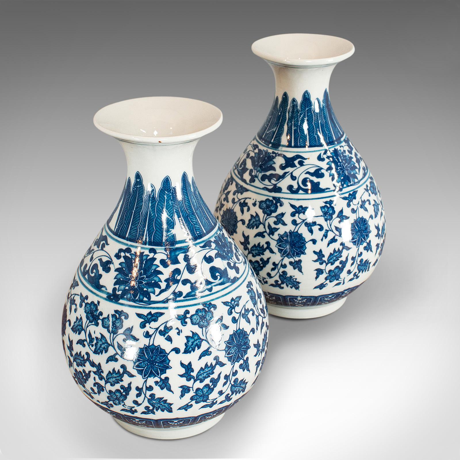 Asian Pair of, Vintage Decorative Vases, Oriental, Ceramic, Baluster Urn, 20th Century For Sale