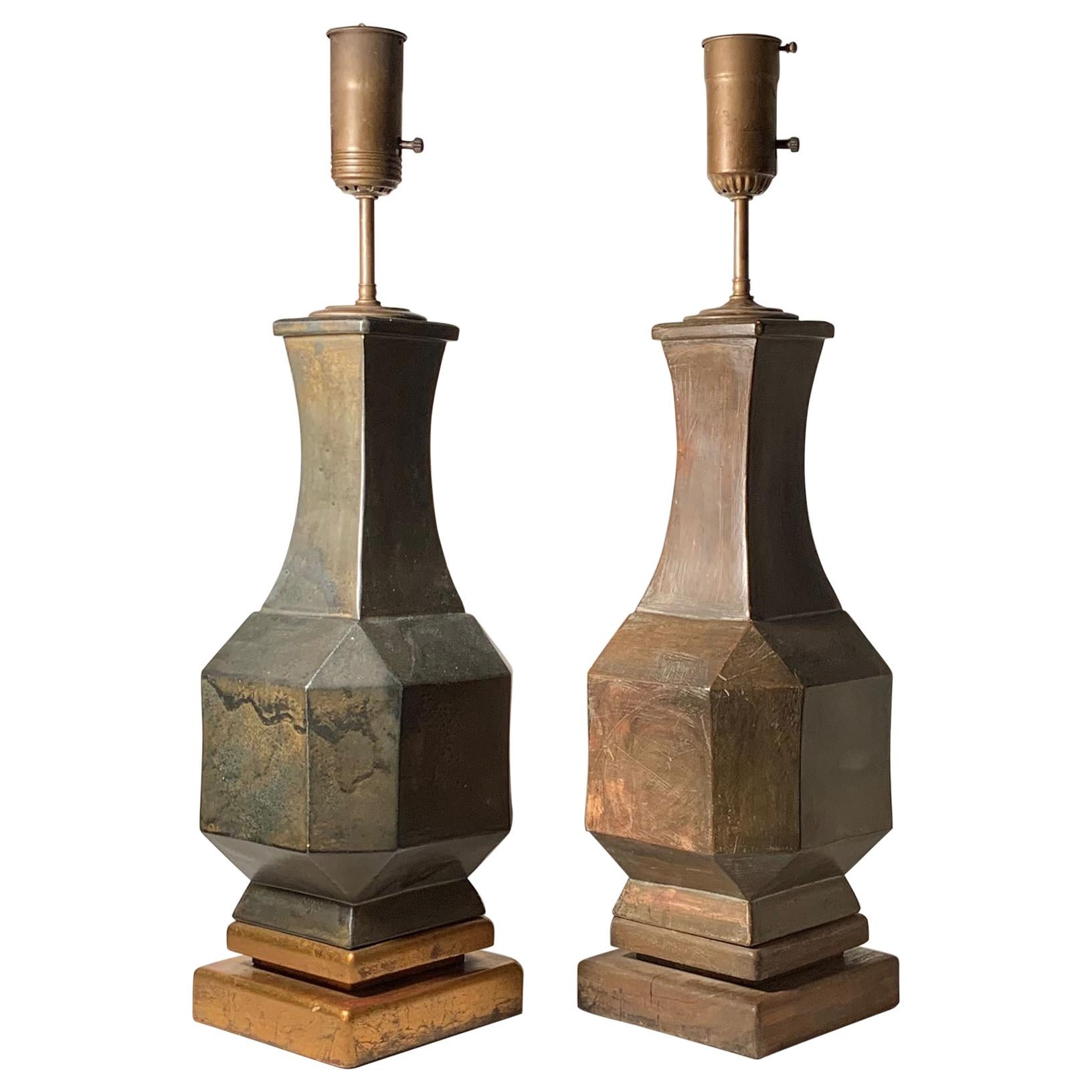 Pair of Vintage Decorator Ceramic Geometric Lamps in manner of James Mont