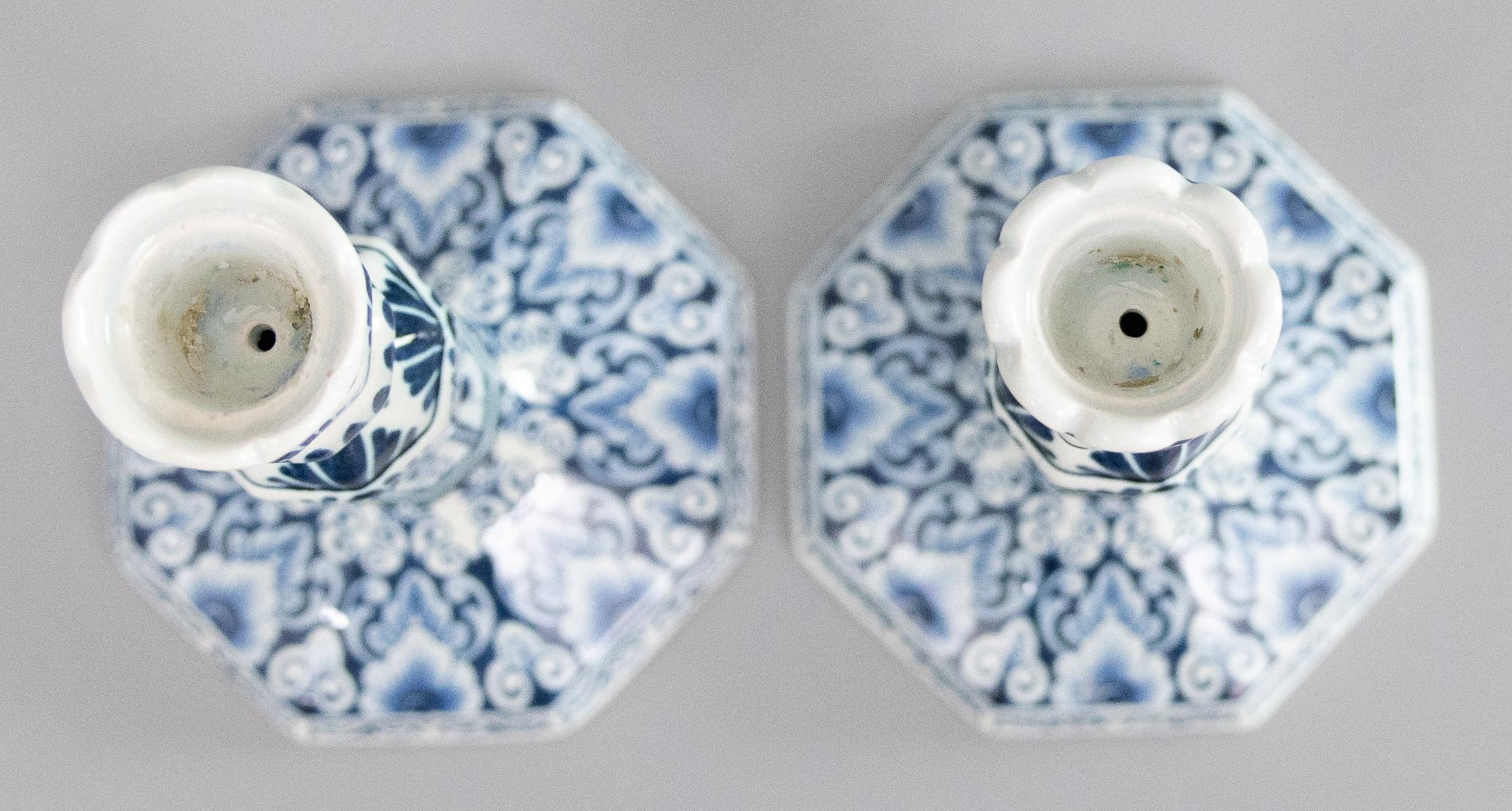 Pair of Mid-20th Century Dutch Delft Faience Floral Candlesticks For Sale 1