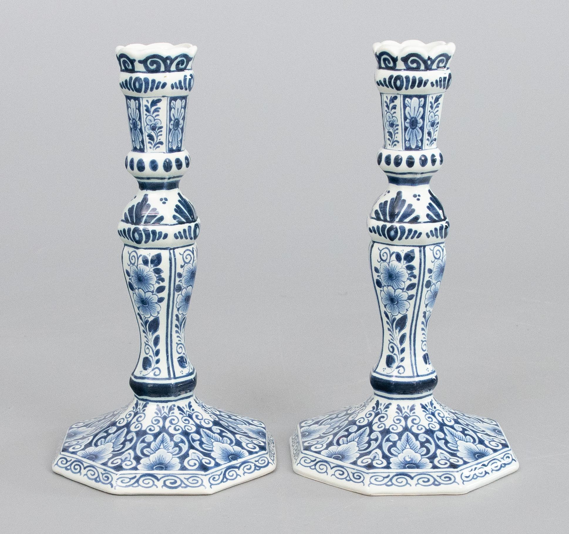 Pair of Mid-20th Century Dutch Delft Faience Floral Candlesticks For Sale 3