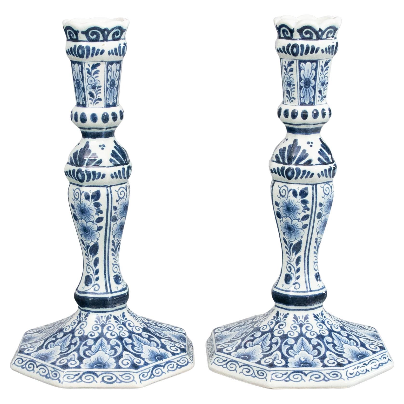 Pair of Mid-20th Century Dutch Delft Faience Floral Candlesticks For Sale