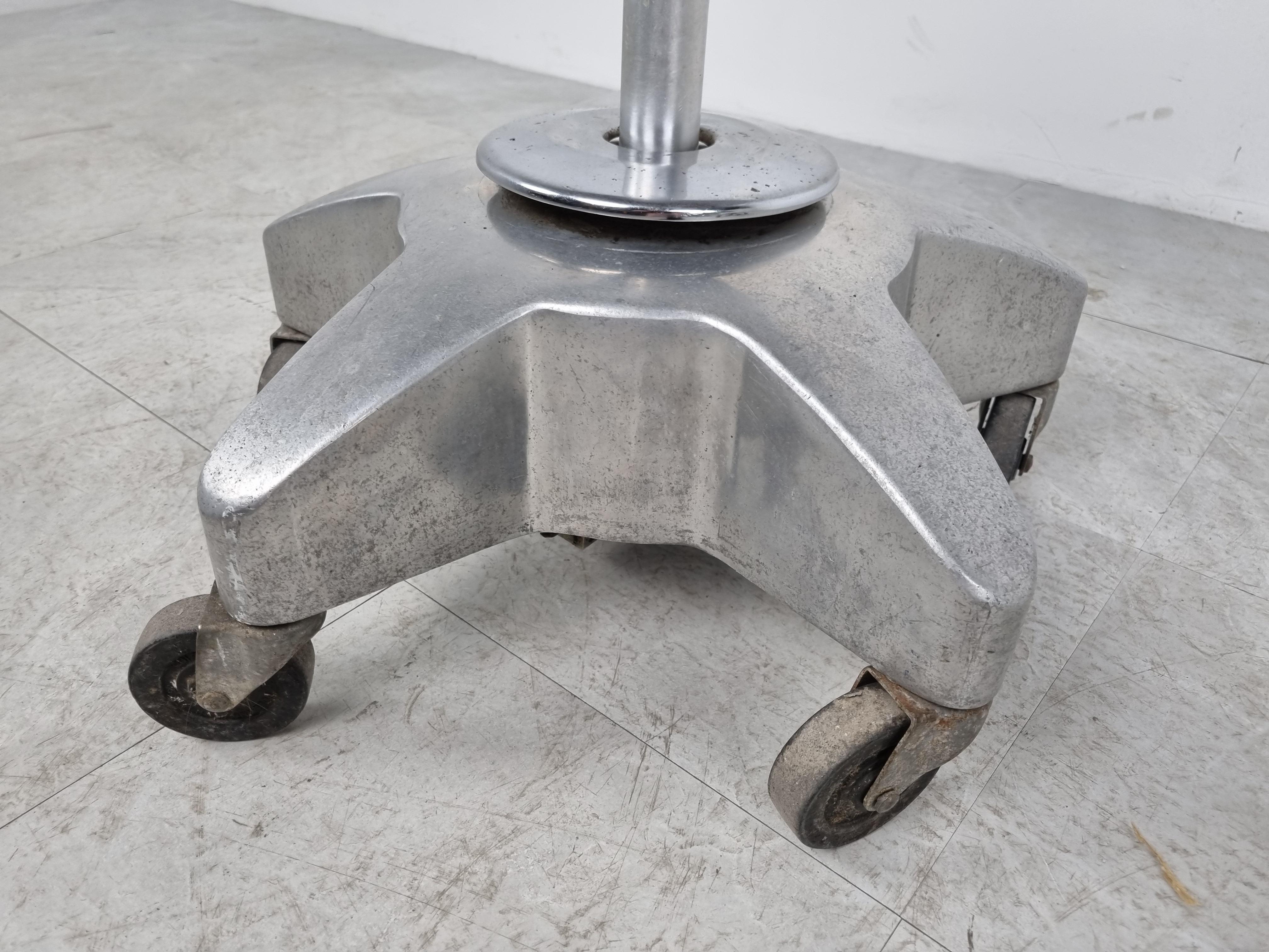 Vintage dentist chairs made from chromed steel and black leather upholstery.

The chair sits very well, you can adjust the backrests from left to right but also in height.

The chair is on casters so it's easy to move about on it.

Good