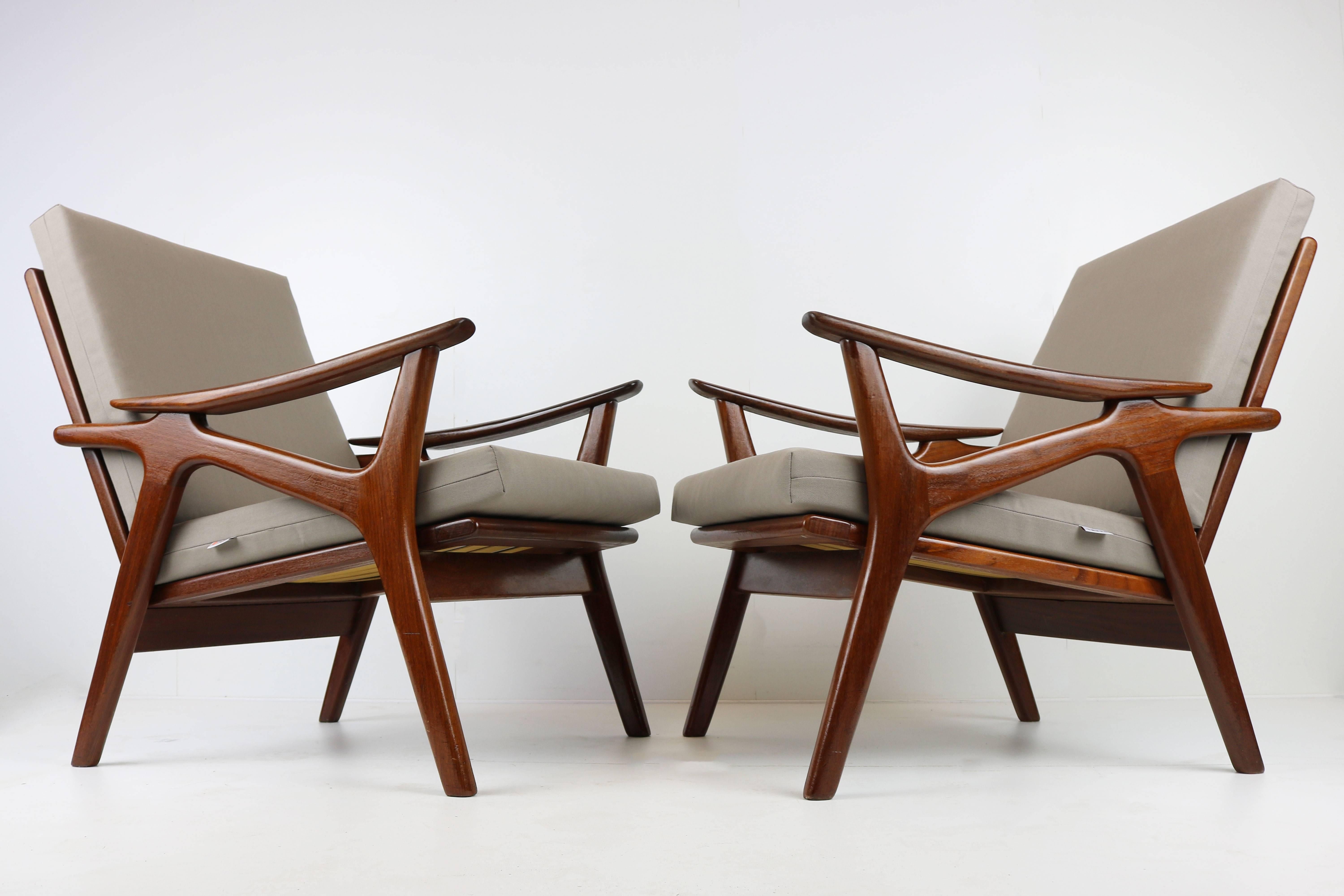 Pair of Vintage Design Lounge Chairs by De Ster Gelderland Teak Brown Grey, 1960 5