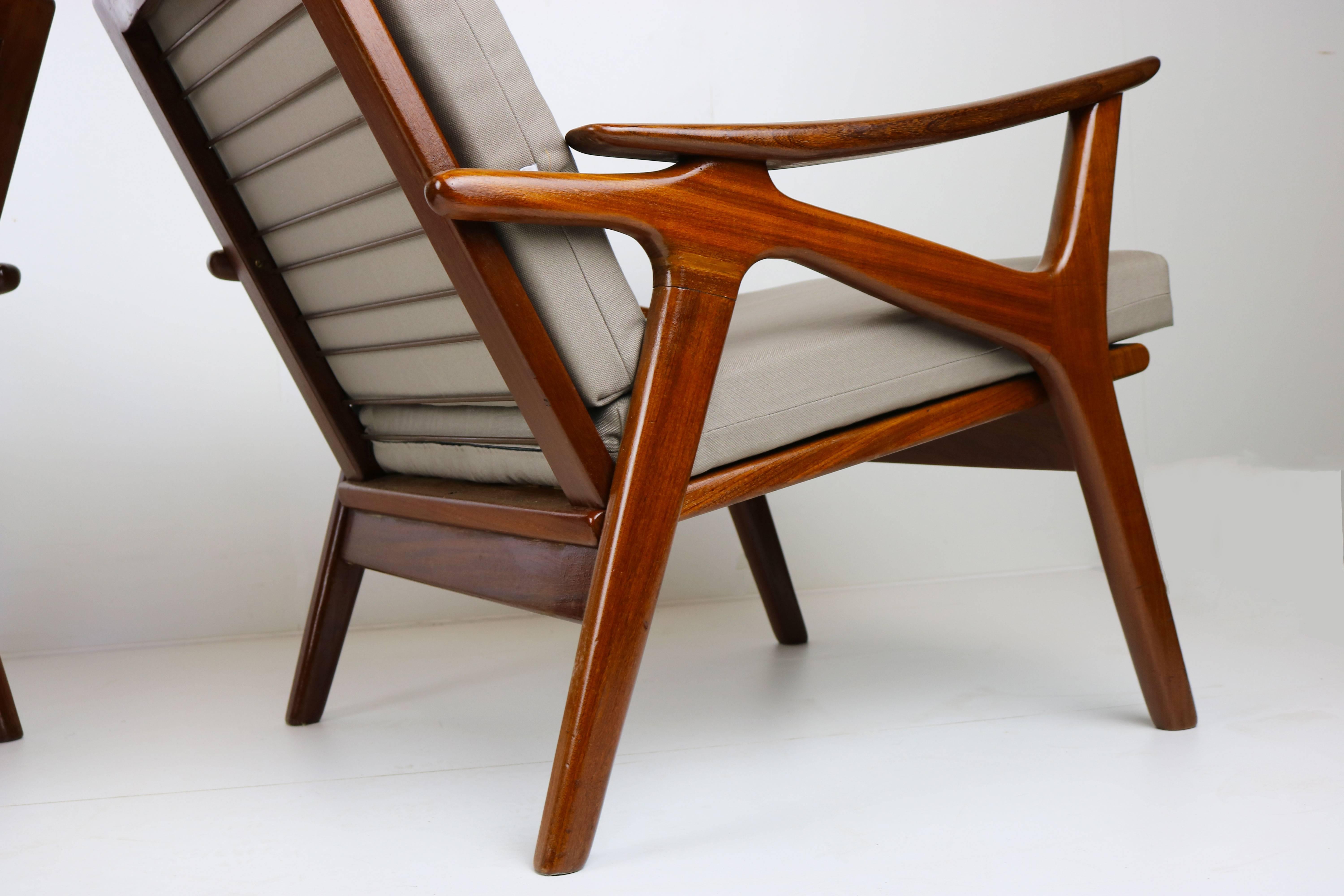 Pair of Vintage Design Lounge Chairs by De Ster Gelderland Teak Brown Grey, 1960 In Good Condition In Ijzendijke, NL