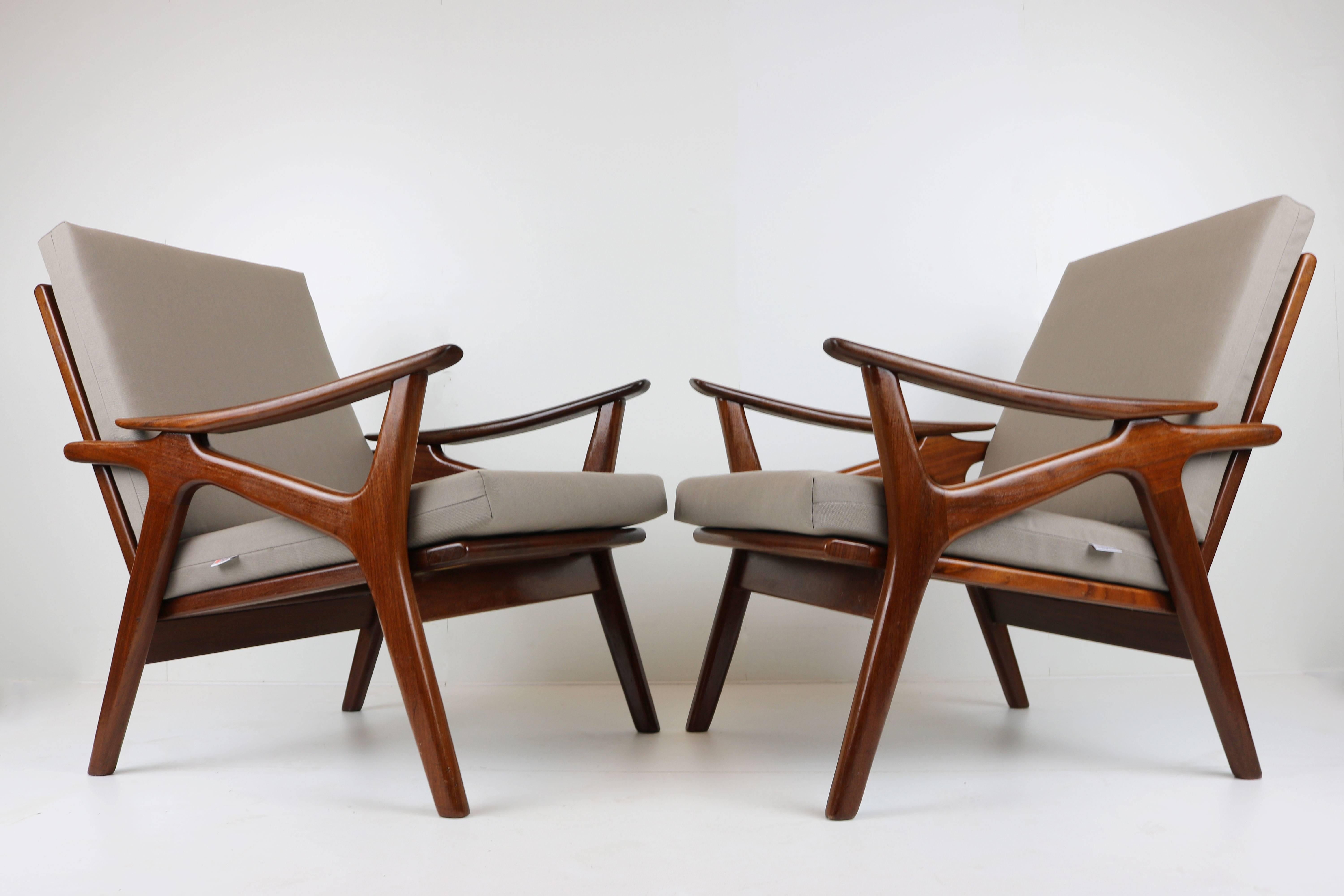 Mid-20th Century Pair of Vintage Design Lounge Chairs by De Ster Gelderland Teak Brown Grey, 1960