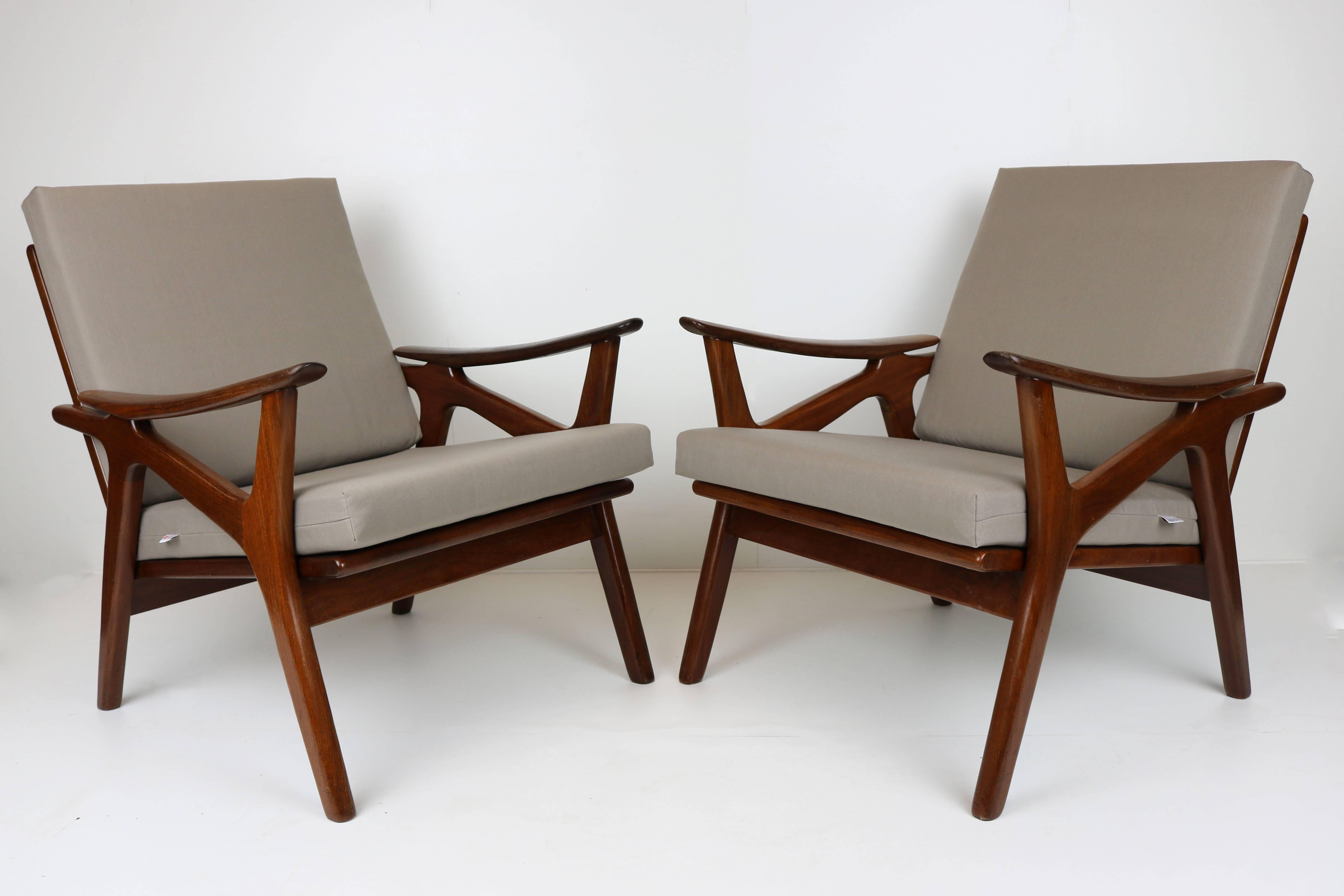 Fabric Pair of Vintage Design Lounge Chairs by De Ster Gelderland Teak Brown Grey, 1960
