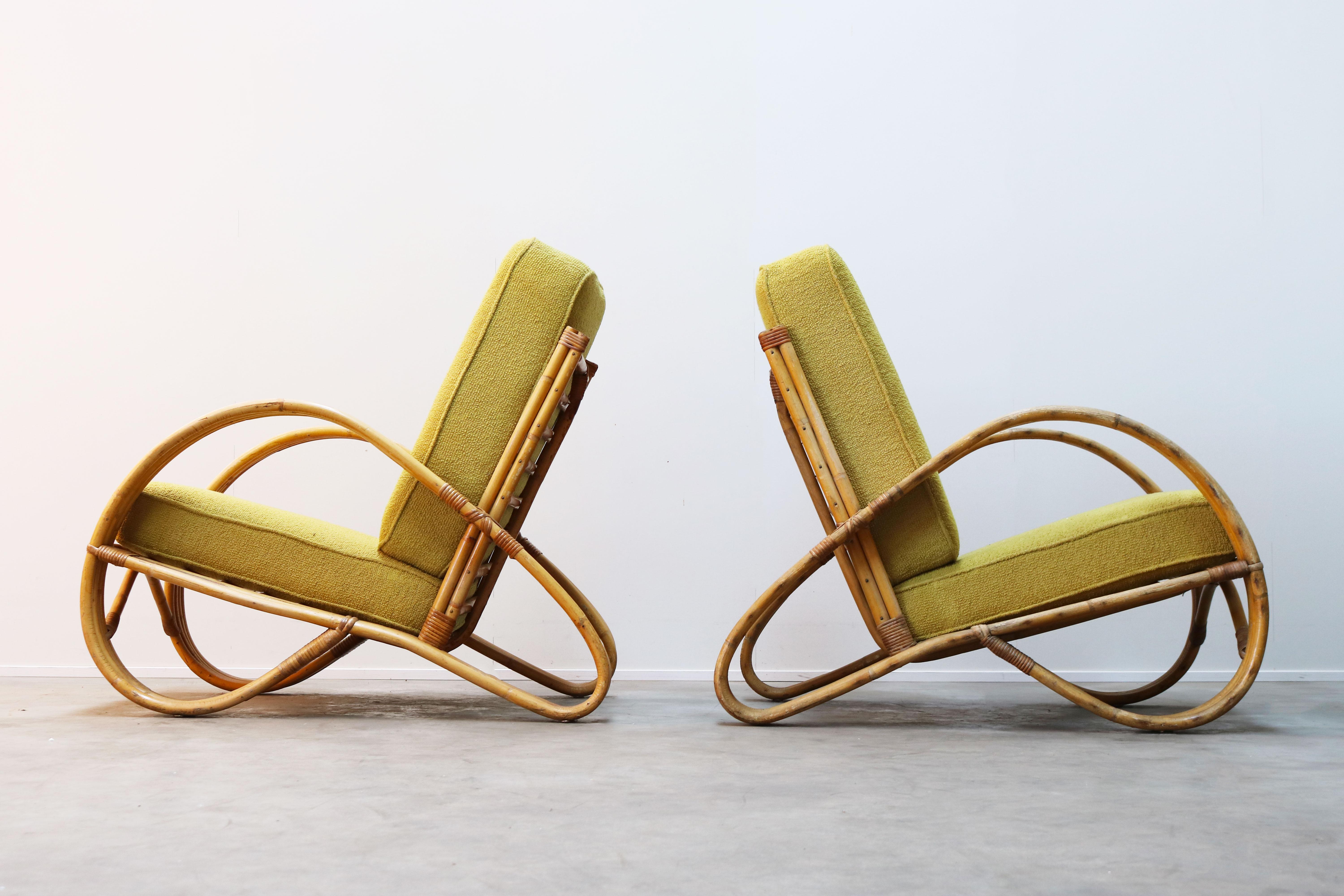 Mid-Century Modern Pair of Vintage Design Rattan Lounge Chairs Designed by Rohe Noordwolde, 1950