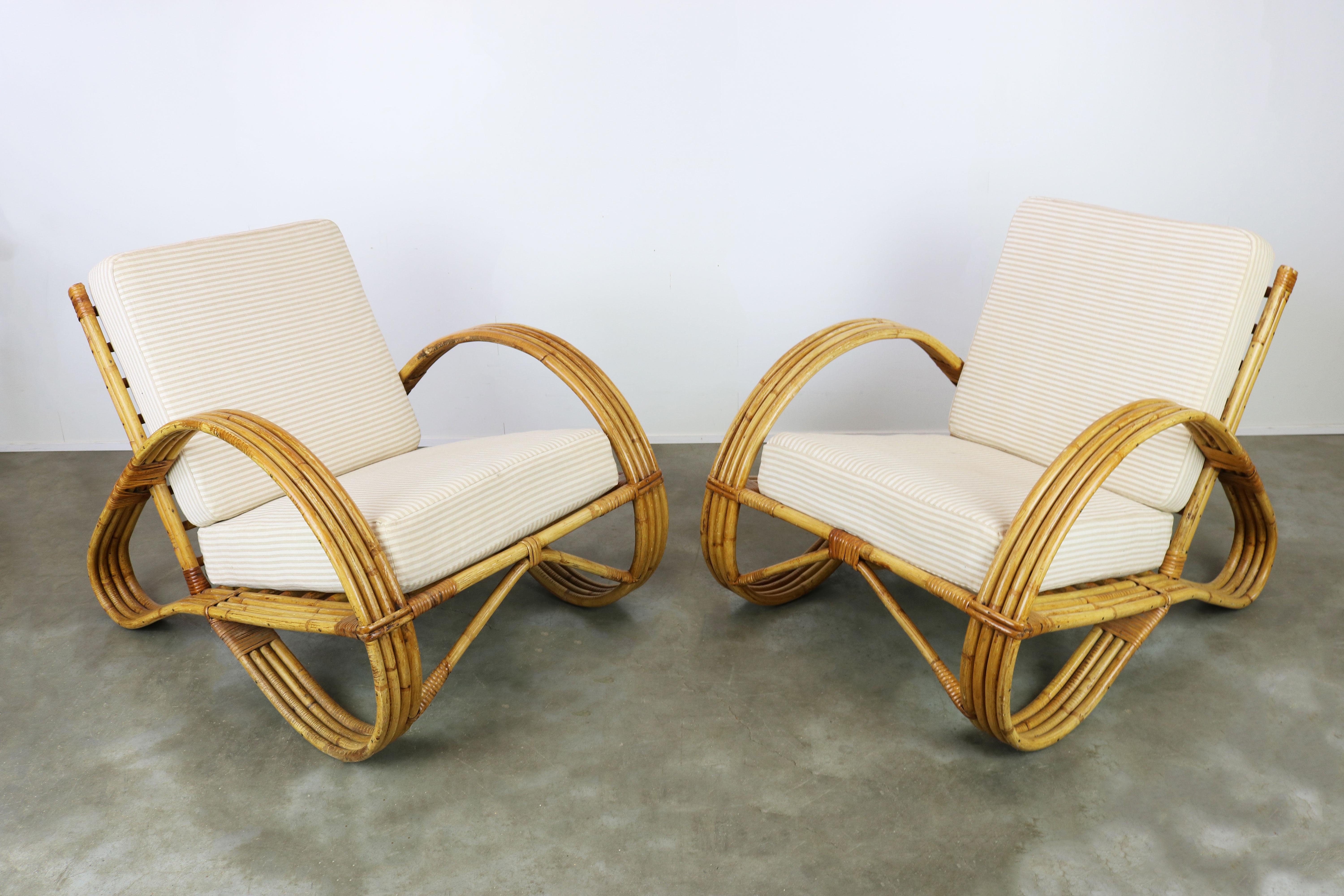 Dutch Pair of Vintage Design Rattan Lounge Chairs Designed by Rohe Noordwolde, 1950