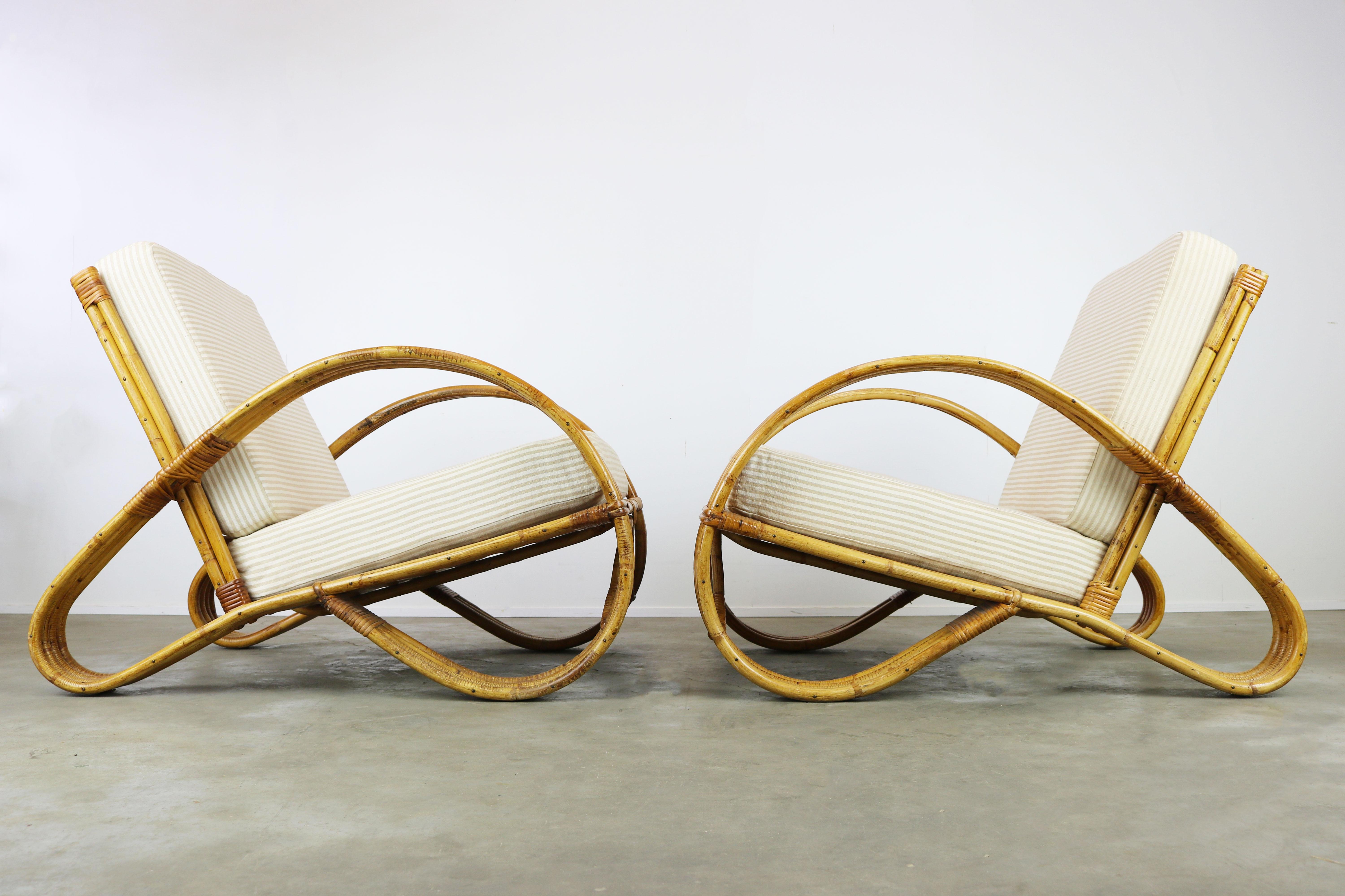 Pair of Vintage Design Rattan Lounge Chairs Designed by Rohe Noordwolde, 1950 In Good Condition In Ijzendijke, NL