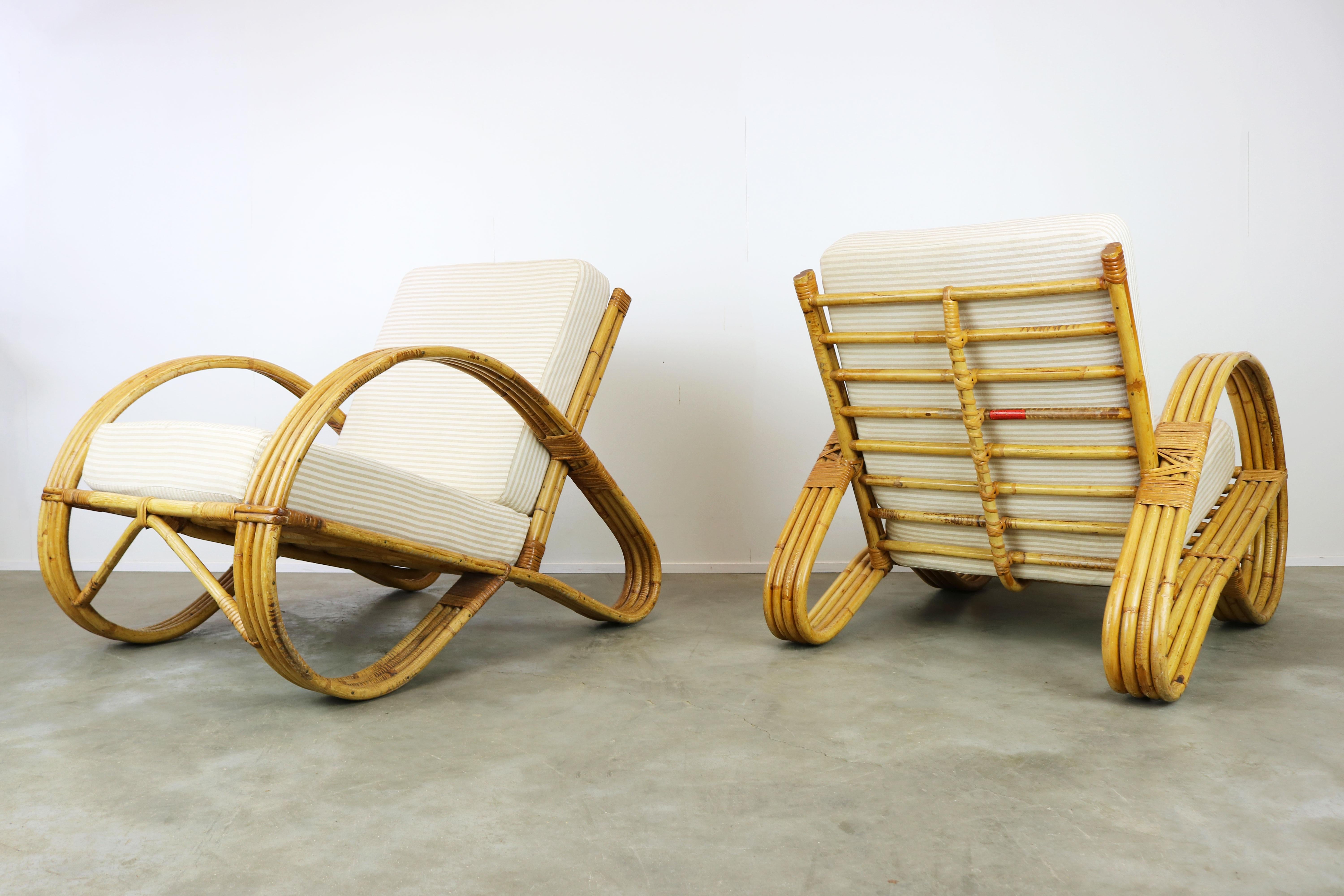 Fabric Pair of Vintage Design Rattan Lounge Chairs Designed by Rohe Noordwolde, 1950