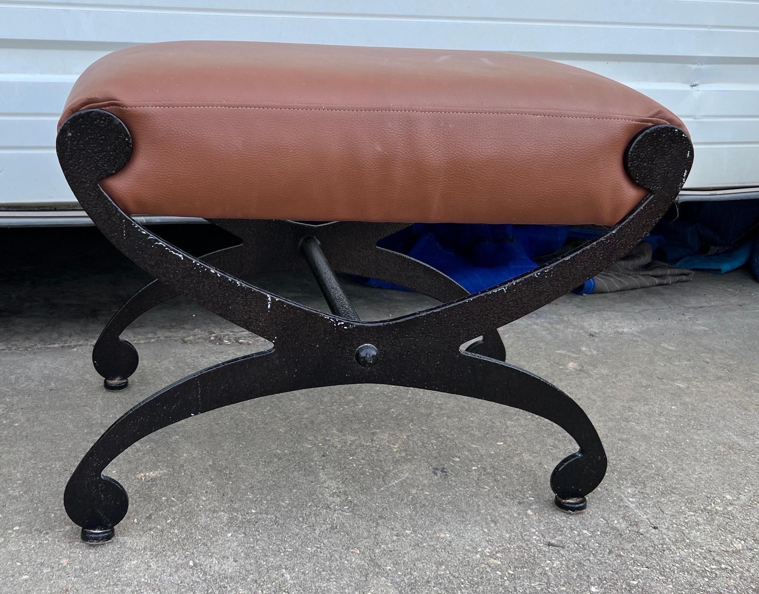 Pair of vintage designer leather and iron stools. Currently 4 pair available. 