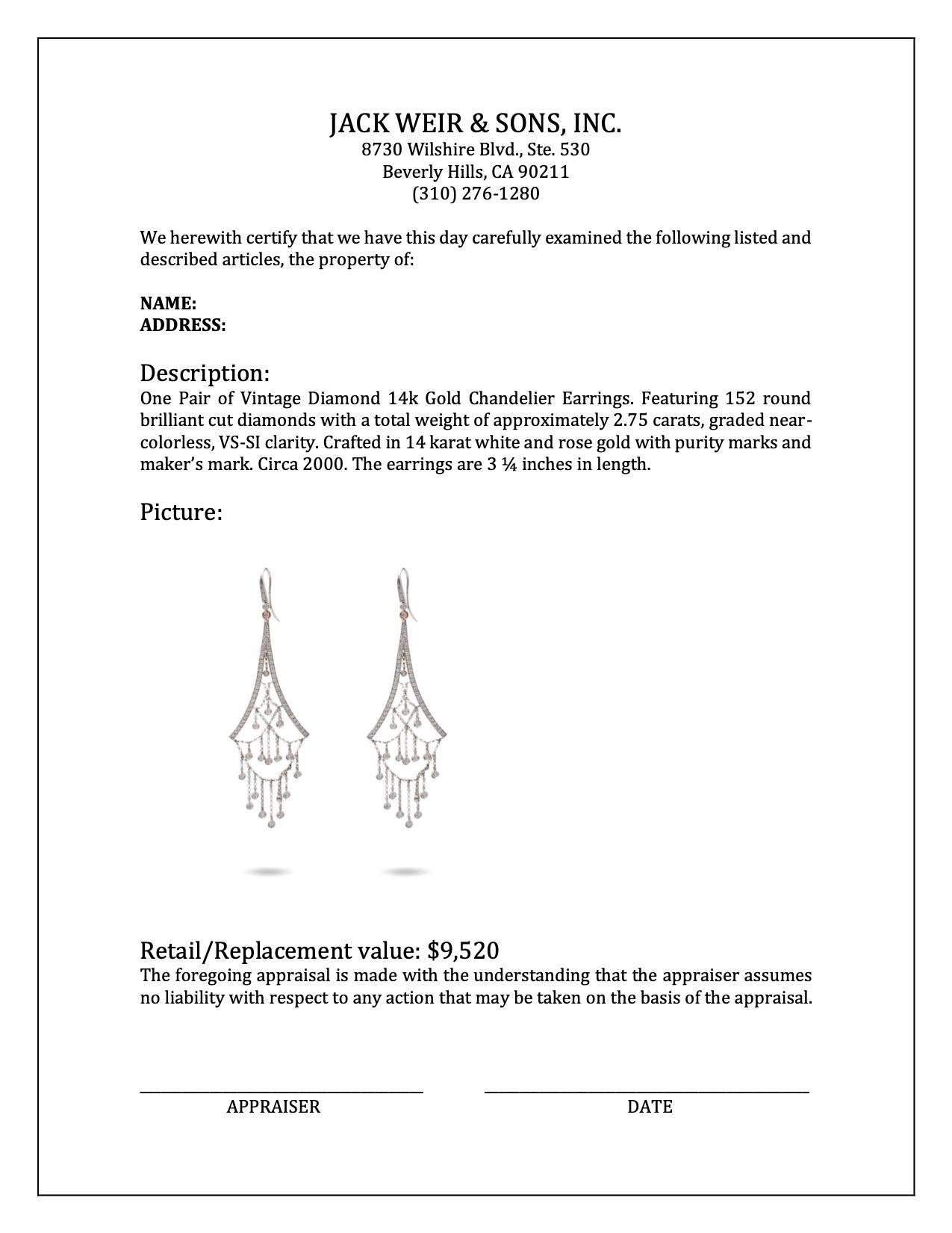 Women's or Men's Pair of Vintage Diamond 14k Gold Chandelier Earrings For Sale