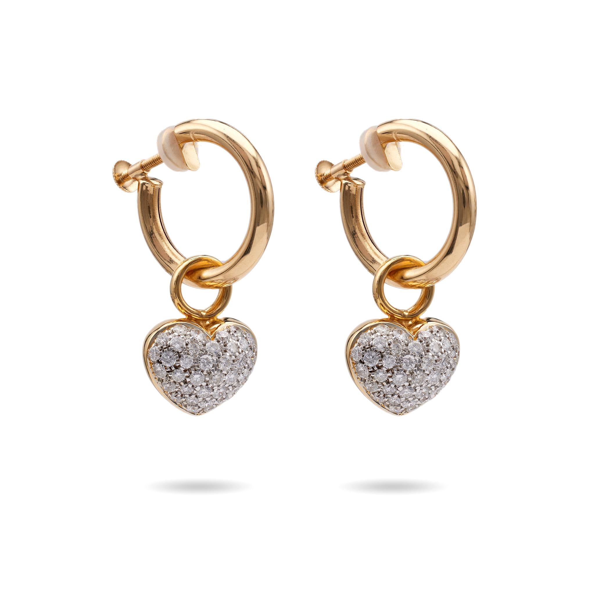 Pair of Vintage Diamond 18k Yellow Gold Heart Drop Earrings In Excellent Condition For Sale In Beverly Hills, CA