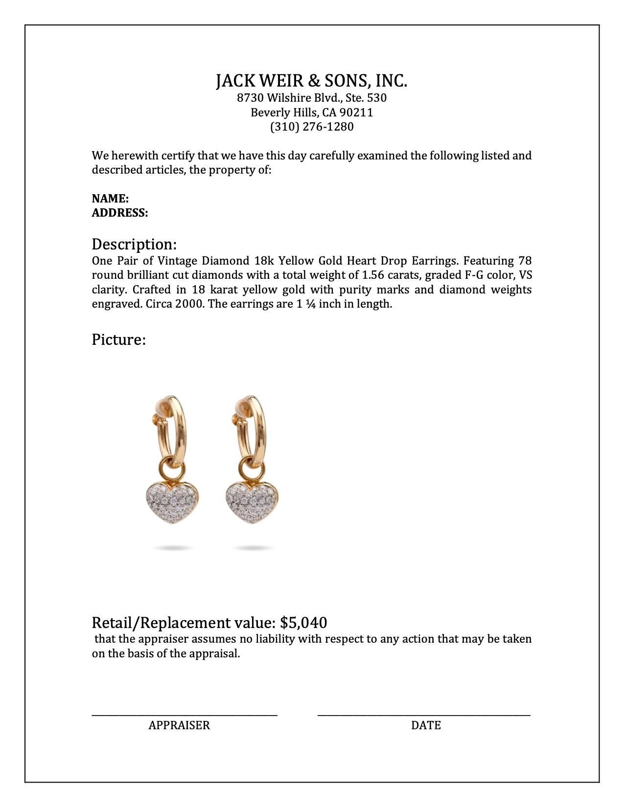 Women's or Men's Pair of Vintage Diamond 18k Yellow Gold Heart Drop Earrings For Sale