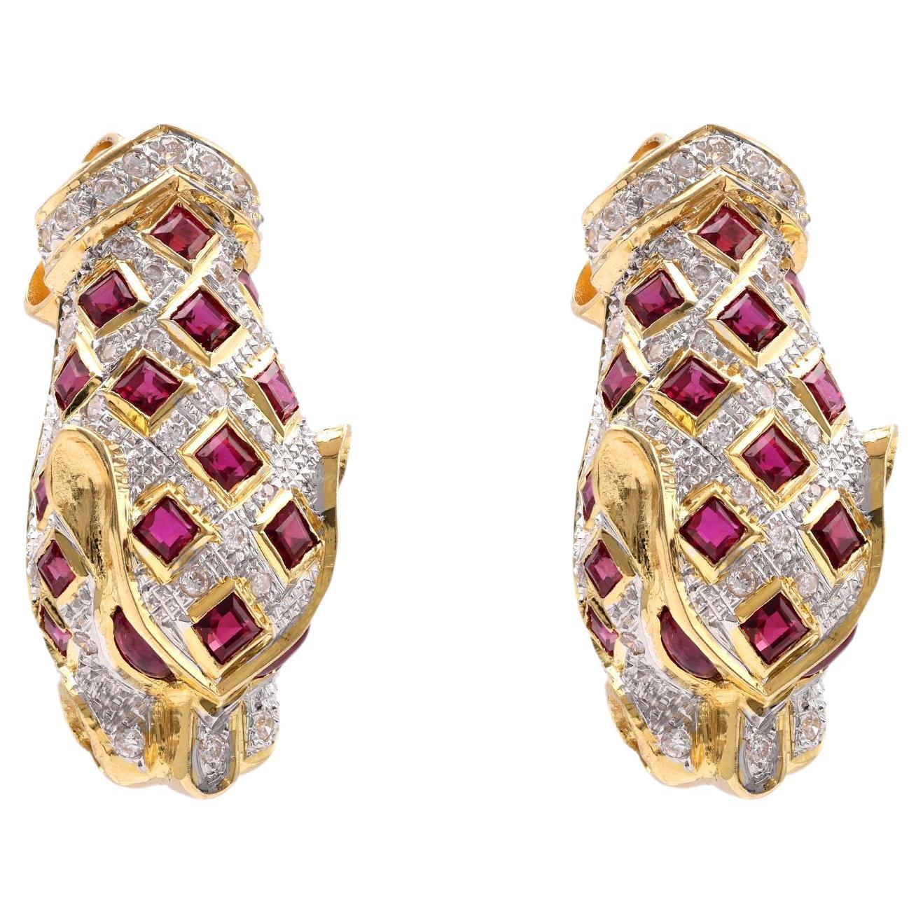 Cabochon Pair of Vintage Diamond Ruby 18k Yellow Gold Cheetah Earrings