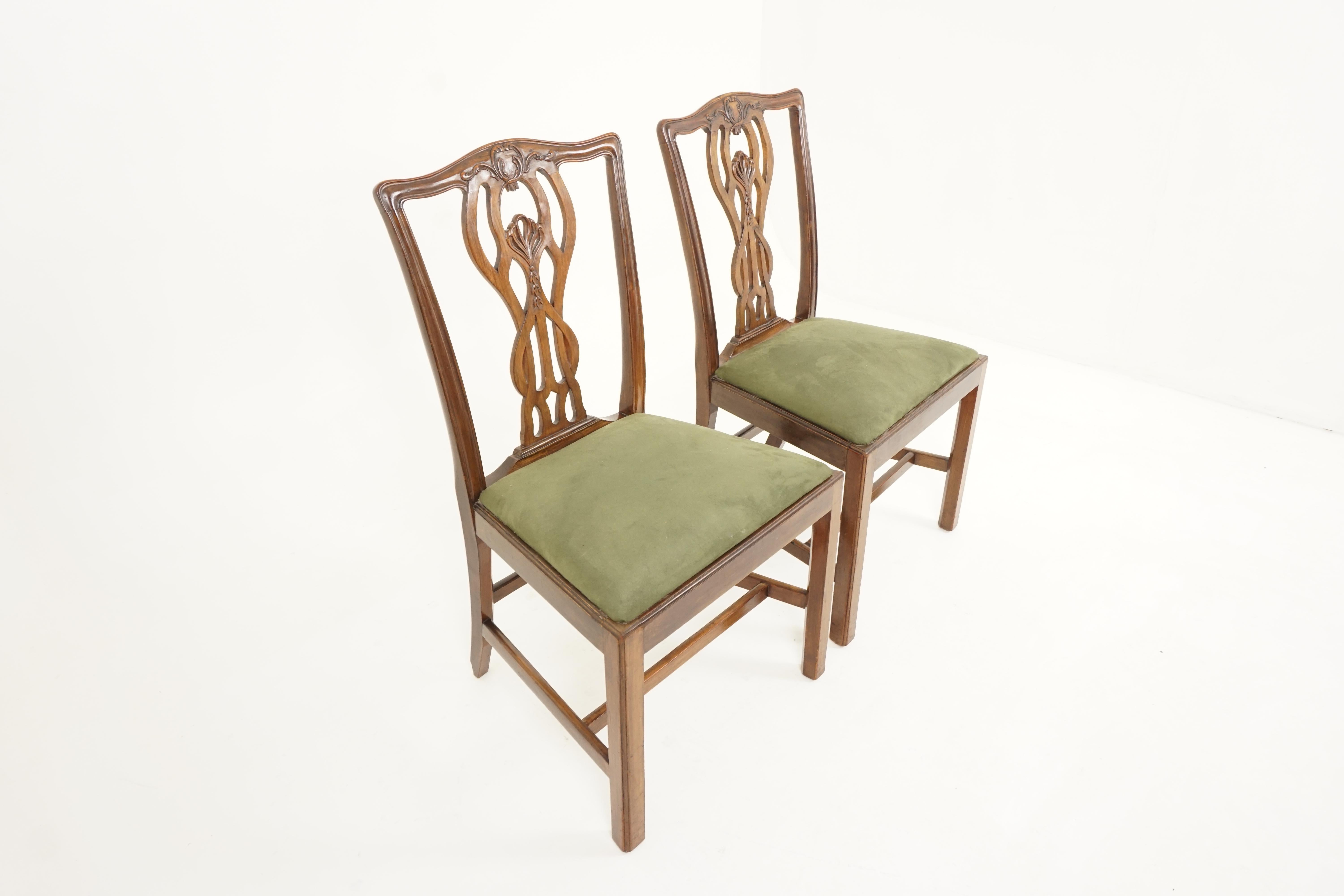 Scottish Pair of Vintage Dining Chairs, Walnut, Chippendale Style, Scotland 1930