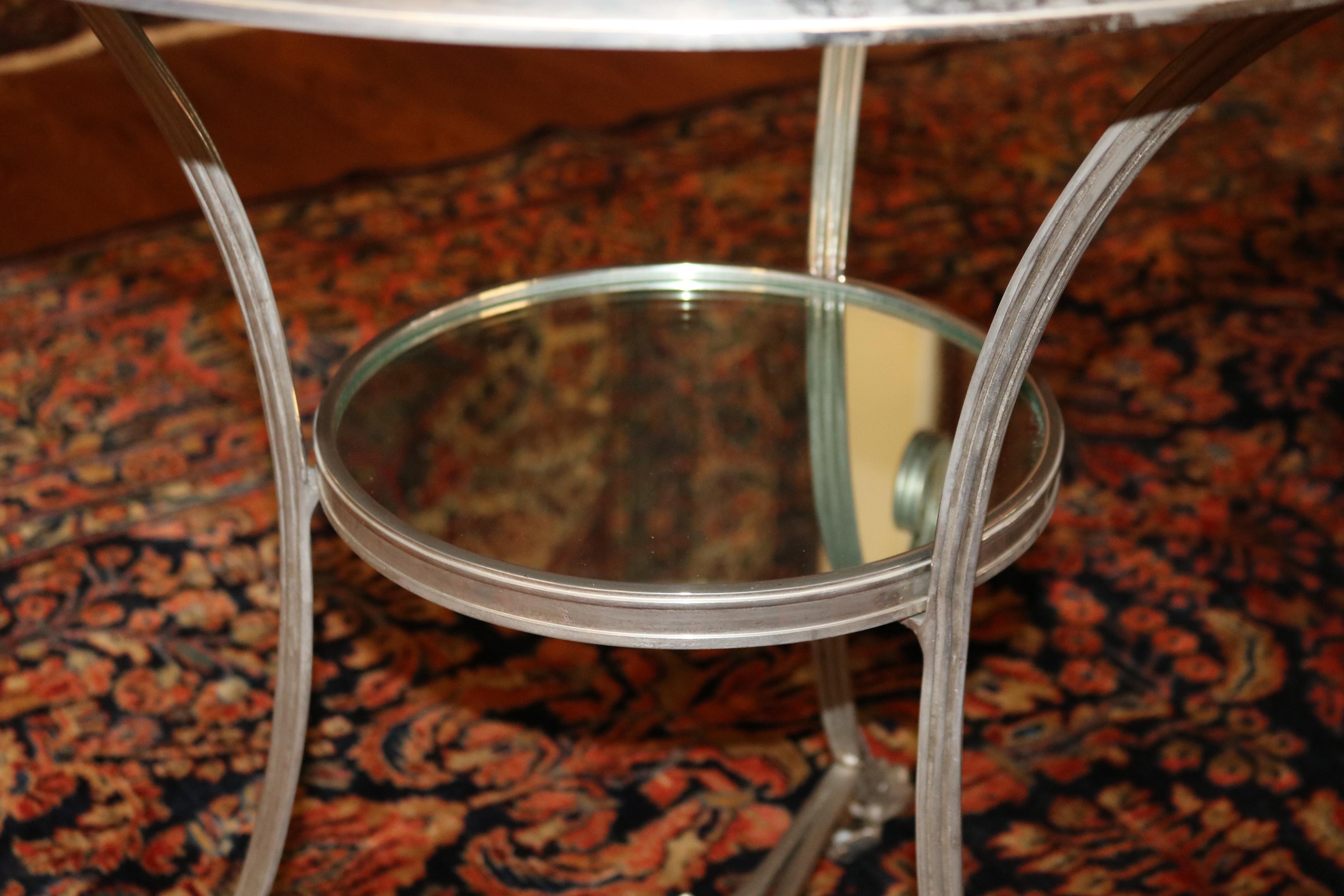 Pair of Vintage Directoire French Silver Plated Mirror Top Gueridon End Tables For Sale 9