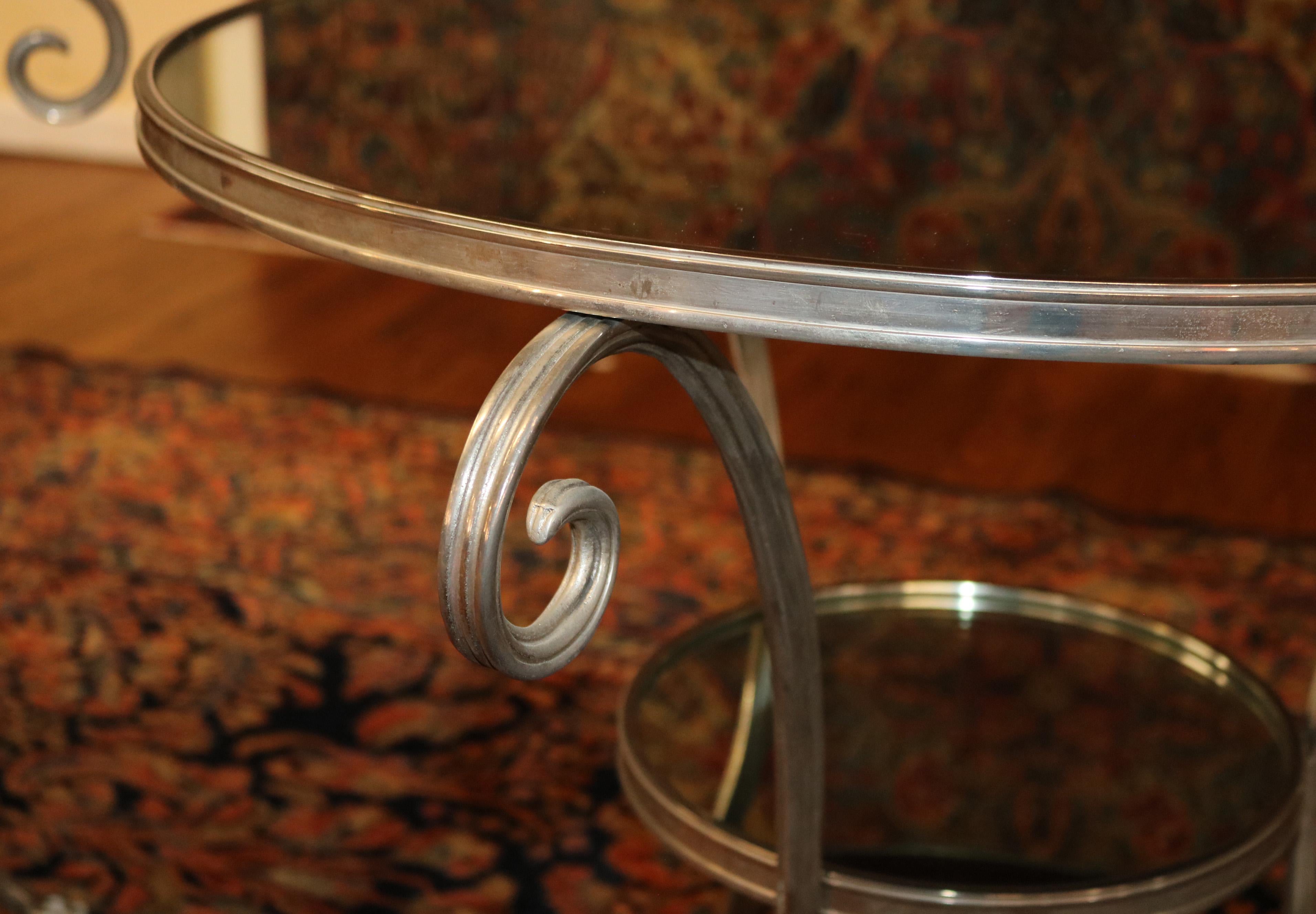 Metal Pair of Vintage Directoire French Silver Plated Mirror Top Gueridon End Tables For Sale