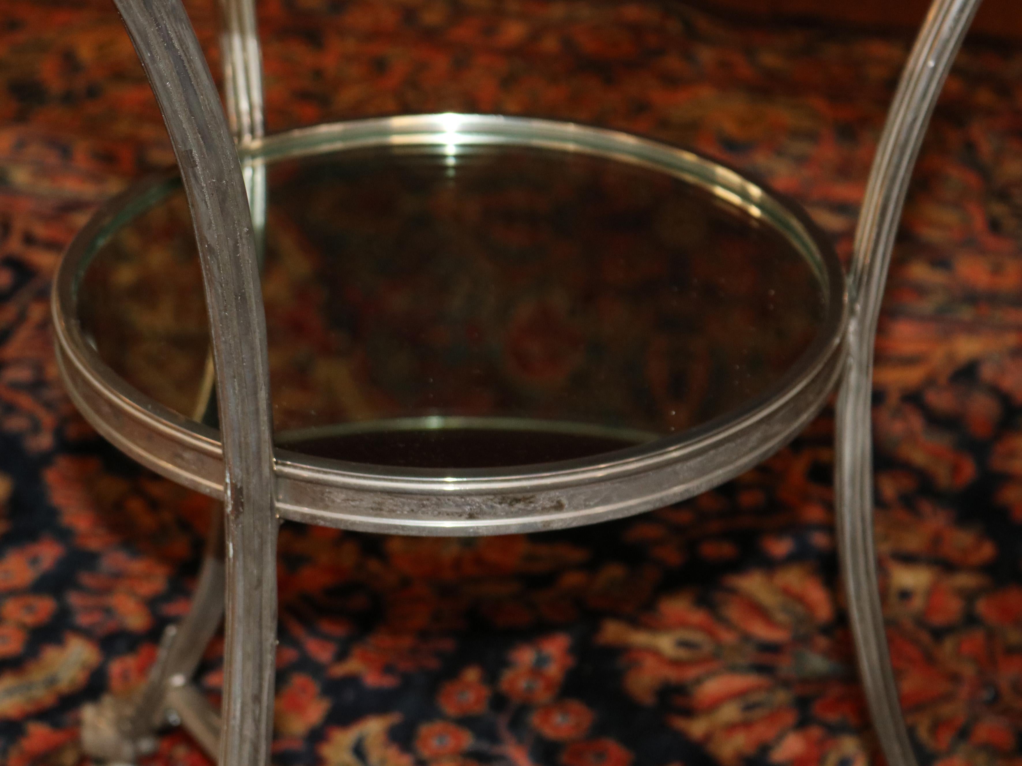 Pair of Vintage Directoire French Silver Plated Mirror Top Gueridon End Tables For Sale 1