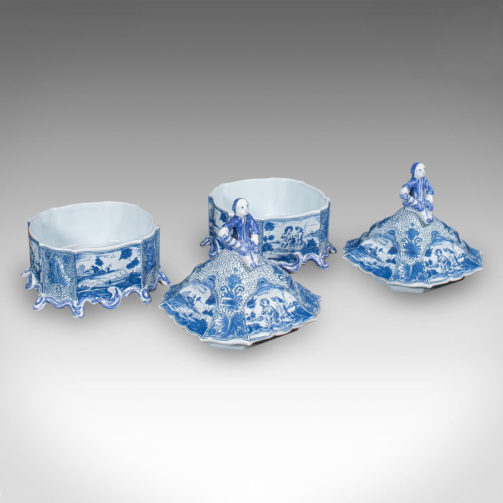 This is a pair of vintage display storage jars. A Portuguese, ceramic Delft revival lidded bonbon or macarons dish, dating to the late 20th century, circa 1980.

Fascinating revival examples of traditional tobacco boxes
The pair redolent of 18th