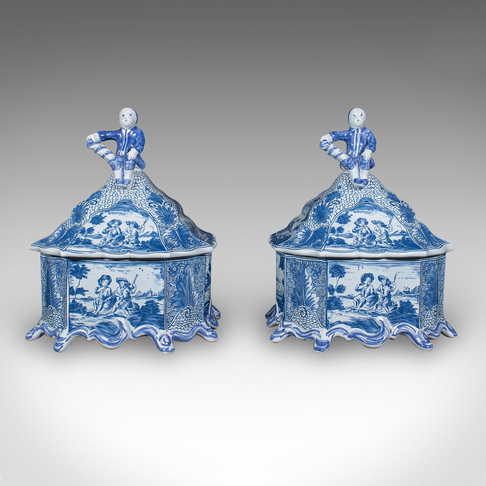 Dutch Colonial Pair Of Vintage Display Storage Jars, Portuguese, Ceramic, Bonbon, Macarons Dish