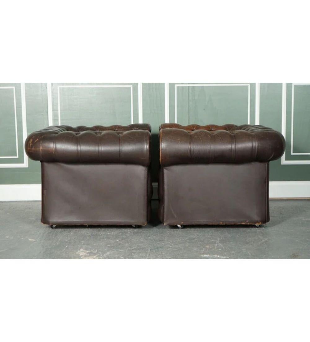 Pair of Vintage Distressed Brown Leather Chesterfield Club Tub Armchairs For Sale 3