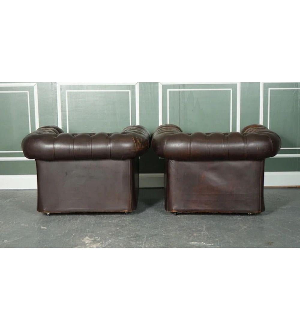 Pair of Vintage Distressed Brown Leather Chesterfield Club Tub Armchairs For Sale 4
