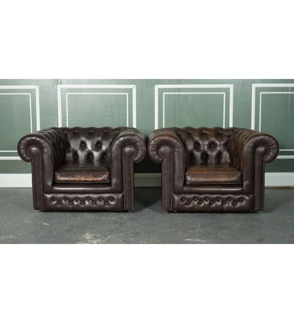 Victorian Pair of Vintage Distressed Brown Leather Chesterfield Club Tub Armchairs For Sale