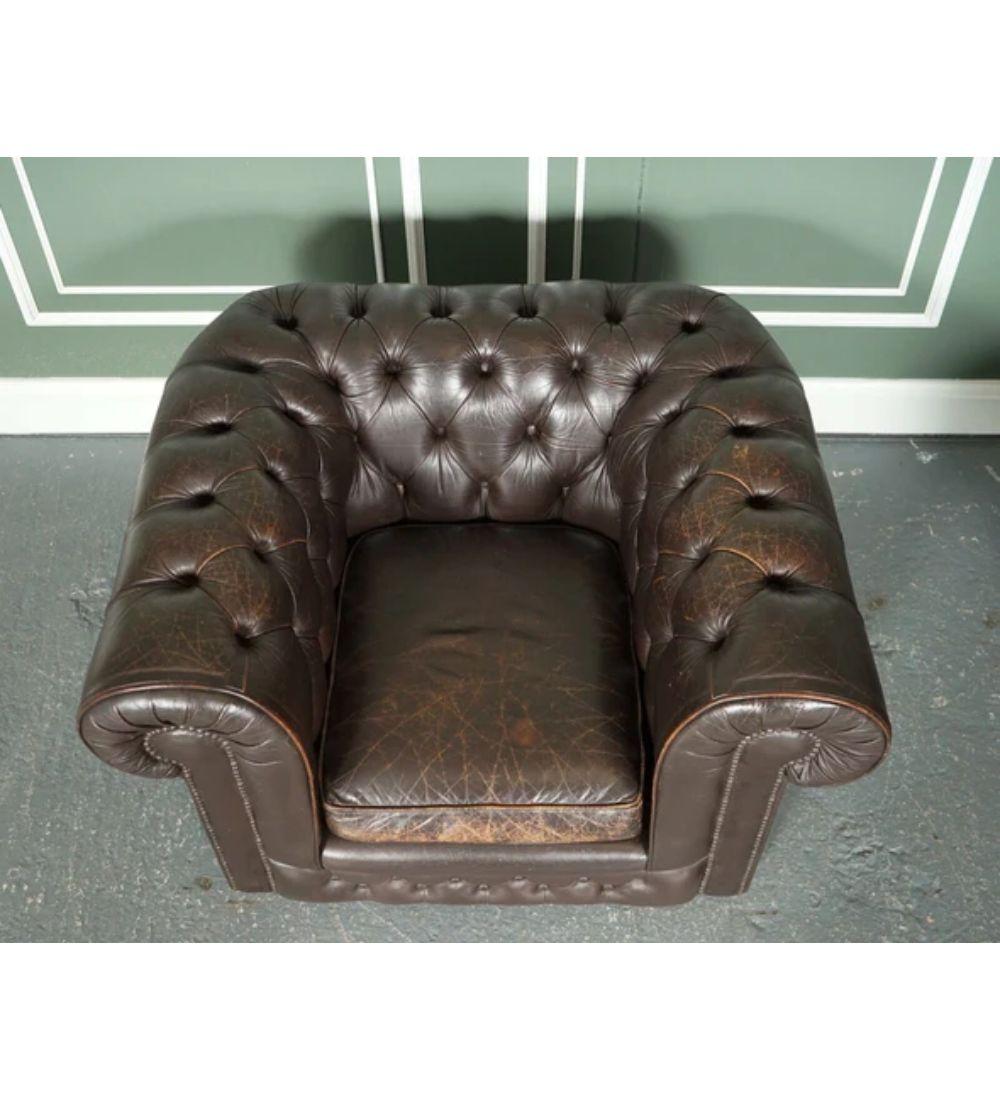 Hand-Crafted Pair of Vintage Distressed Brown Leather Chesterfield Club Tub Armchairs For Sale