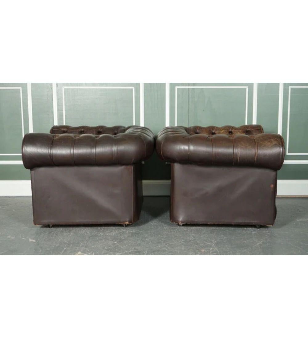 Pair of Vintage Distressed Brown Leather Chesterfield Club Tub Armchairs For Sale 2