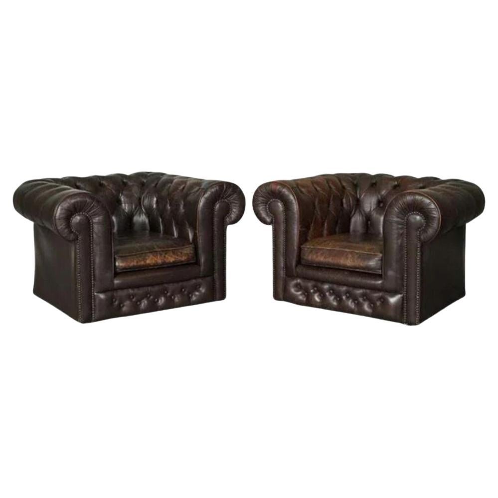 Pair of Vintage Distressed Brown Leather Chesterfield Club Tub Armchairs