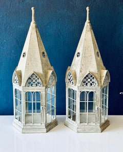 Pair of Vintage Distressed Metal/Glass Gothic Revival Lanterns