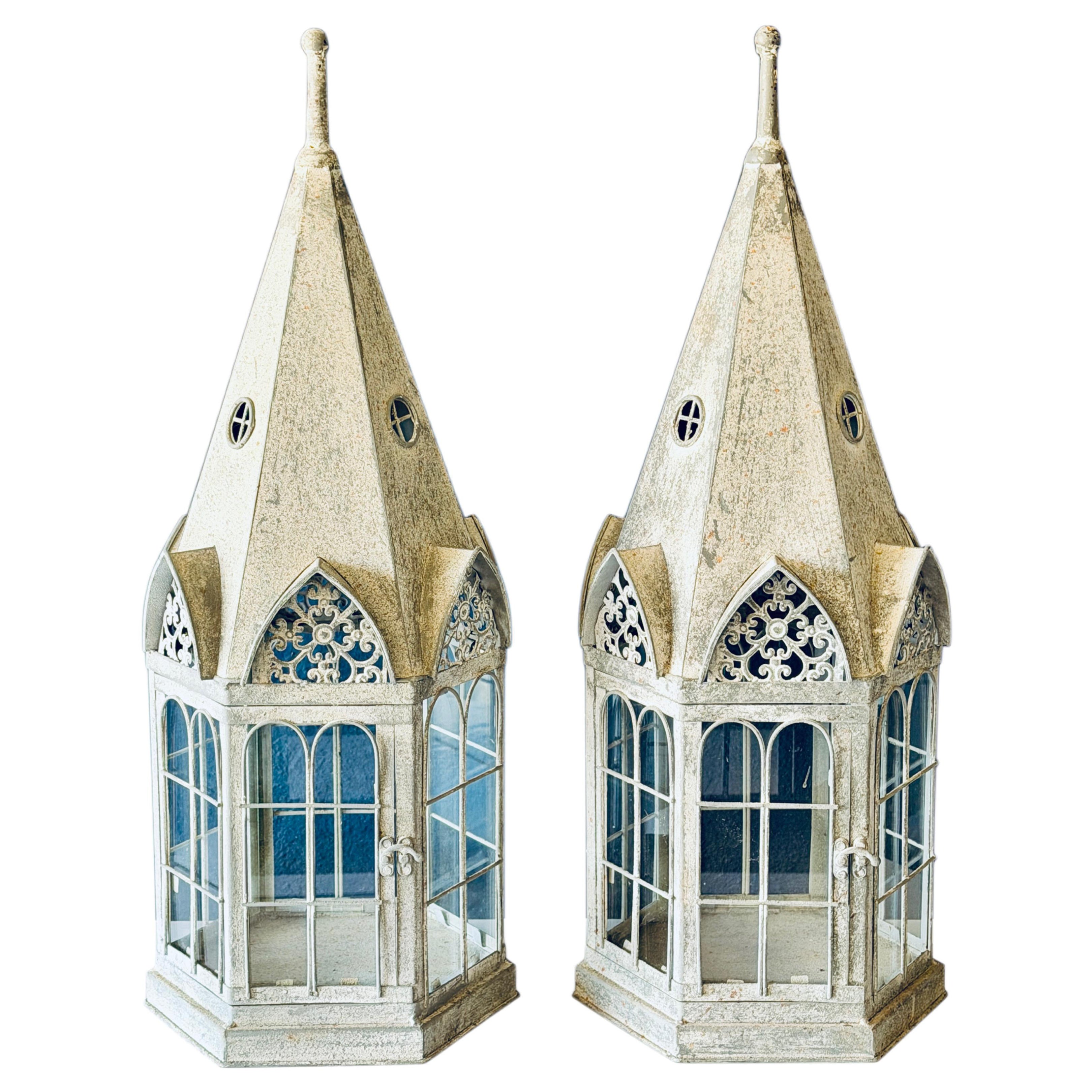 Pair of Vintage Distressed Metal/Glass Gothic Revival Lanterns
