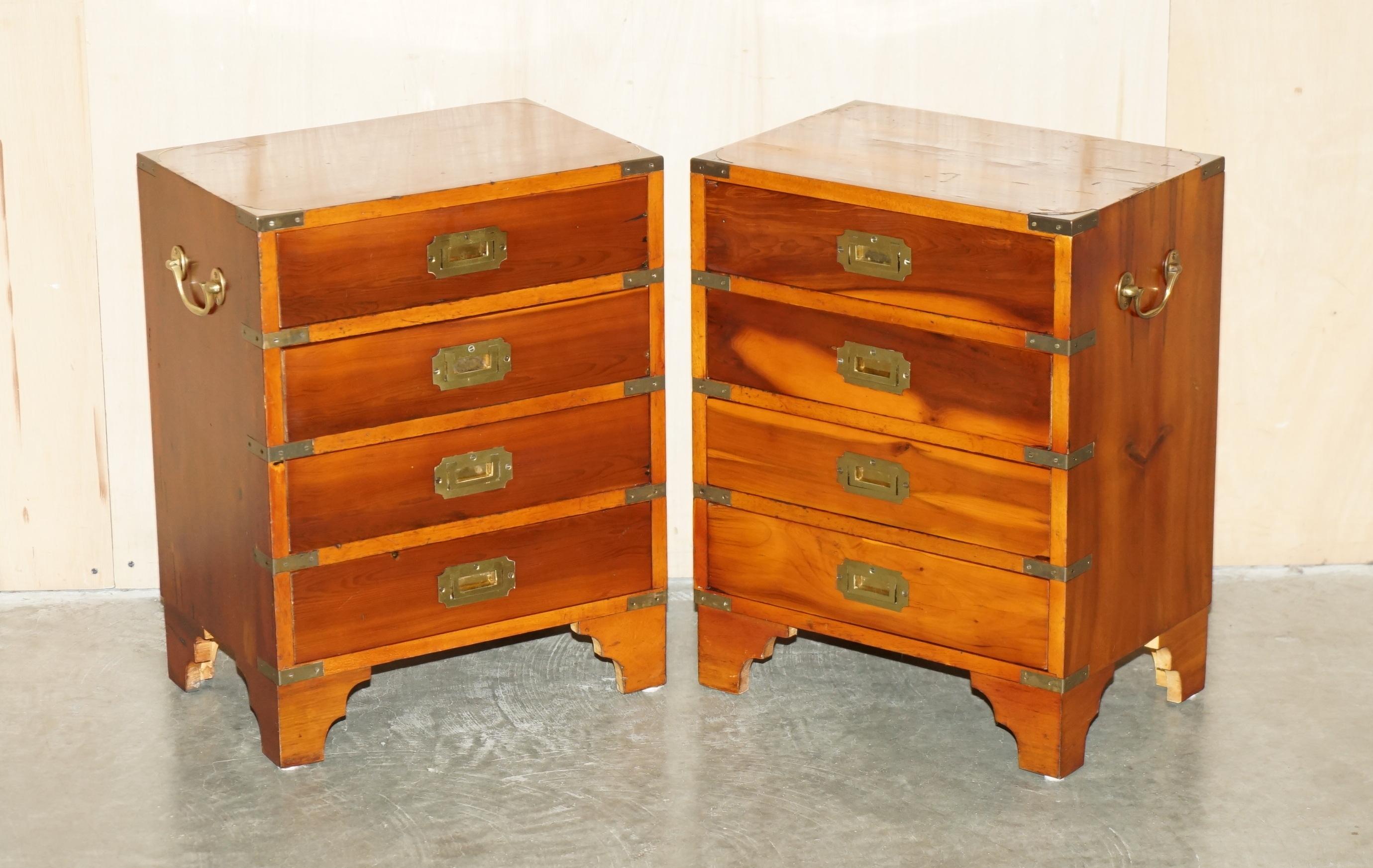 Royal House Antiques

Royal House Antiques is delighted to offer for sale this lovely pair of vintage Burr Yew wood & brass mounted Military Campaign style side tables with drawers that have well patinated tops 

Please note the delivery fee listed