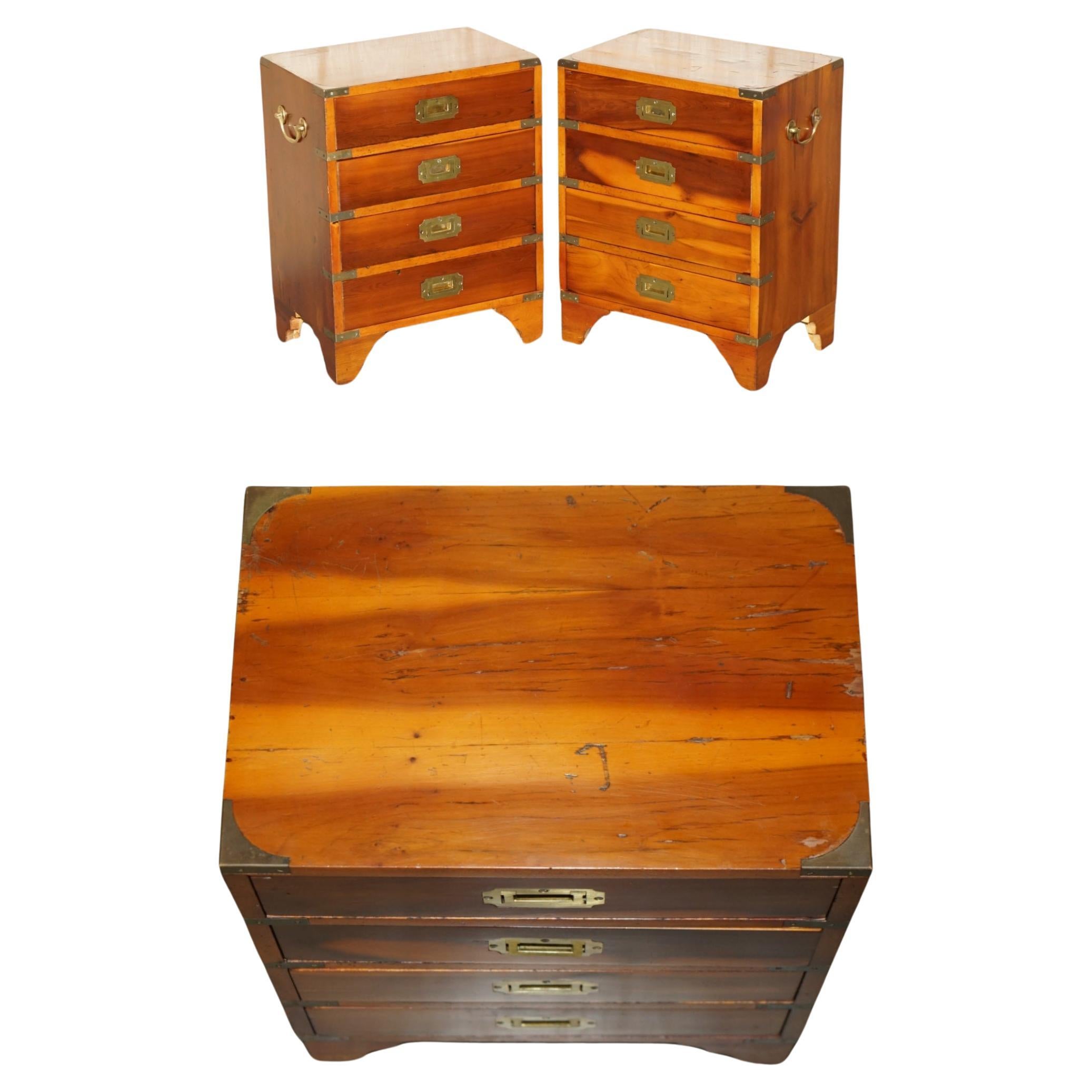 PAIR OF ViNTAGE DISTRESSED MILITARY CAMPAIGN BURR YEW WOOD SIDE TABLE DRAWERS For Sale