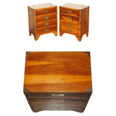 PAIR OF ViNTAGE DISTRESSED MILITARY CAMPAIGN BURR YEW WOOD SIDE TABLE DRAWERS