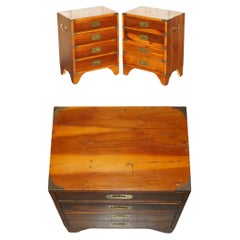 PAIR OF Vintage DISTRESSED MILITARY CAMPAIGN BURR YEW WOOD SIDE TABLE DRAWERS