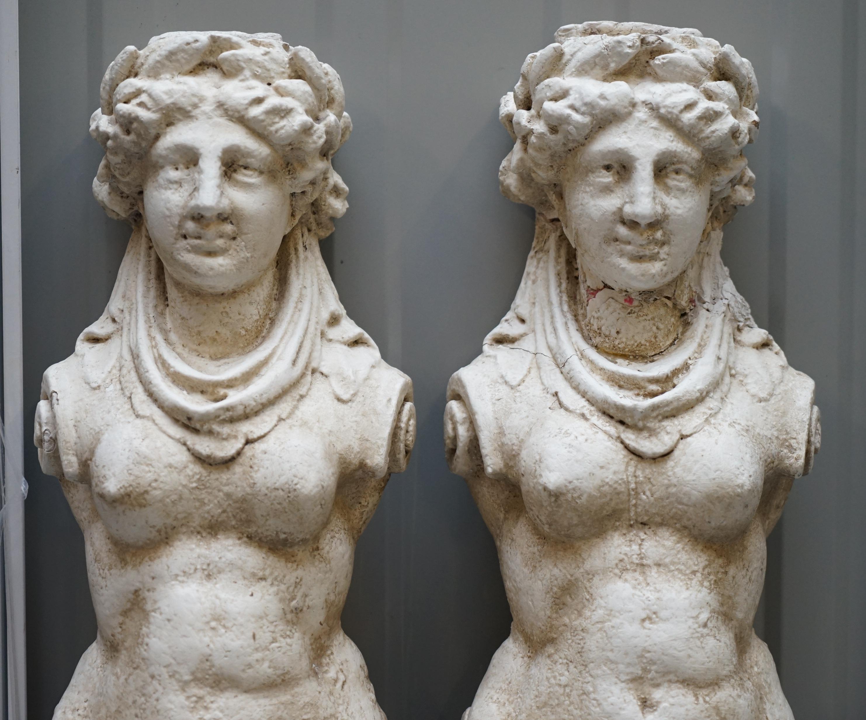 We are delighted to offer lovely pair of antique ships figurehead busts or terms in plaster

A very good looking and decorative pair, I’m not sure exactly of the age, they look late Victorian to me. They have a period distressed patina, one looks