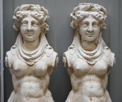 Pair of Vintage Distressed Plaster Figureheads Ship Busts Terms Depicting Ladies