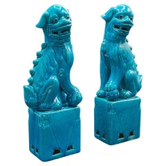 Paire de statues de chiens vintage orientales, chien de Fo, serre-livres, Art Déco, vers 1940